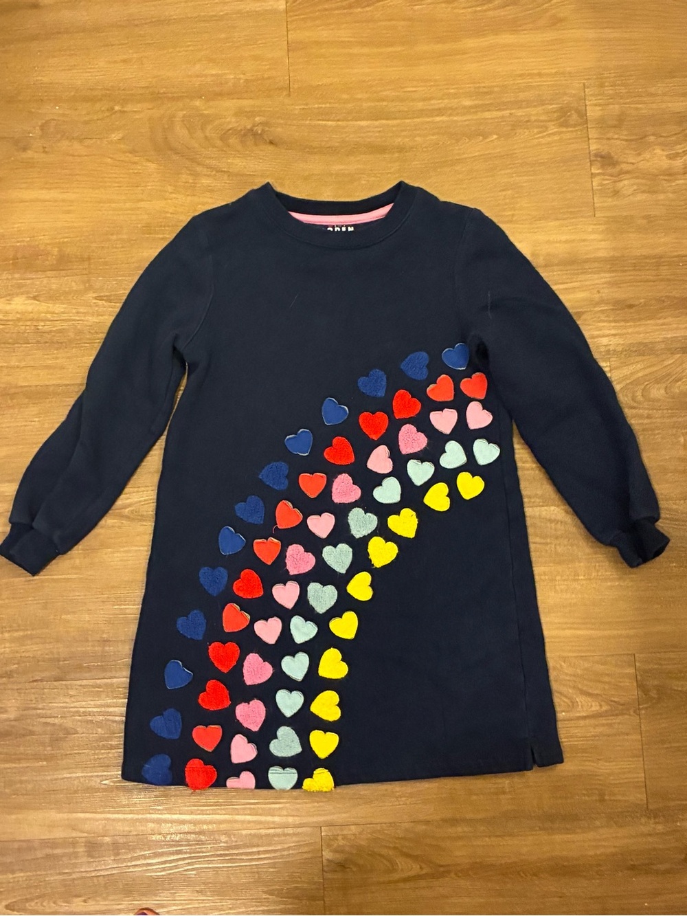 Mini Boden Navy sweater Dress with Multicolor Heart Appliqués